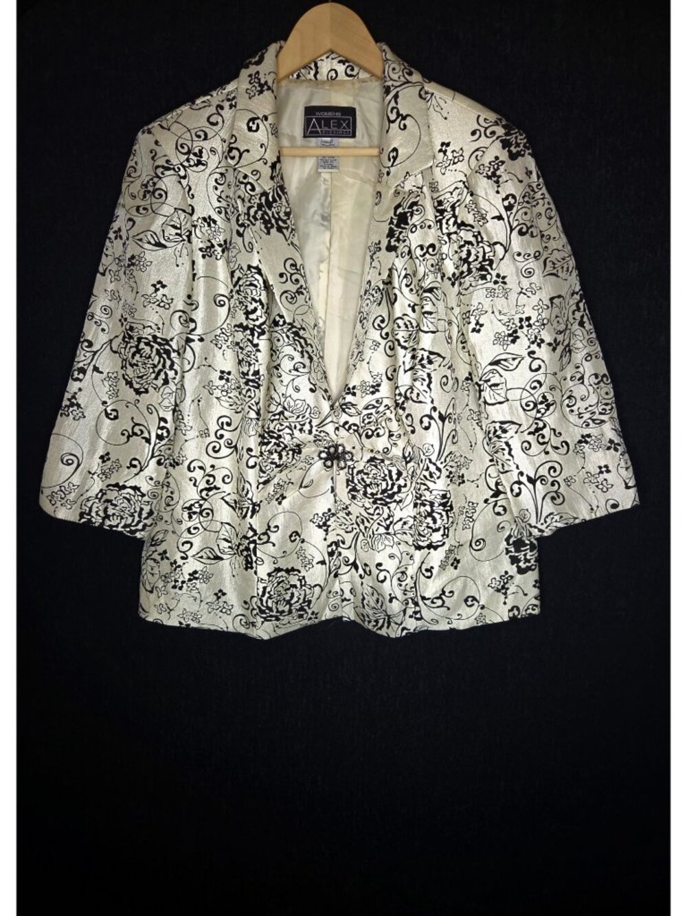 💙Vintage Alex Evenings Ivory Black Floral Brocade Blazer Size XL Jeweled Jacket
